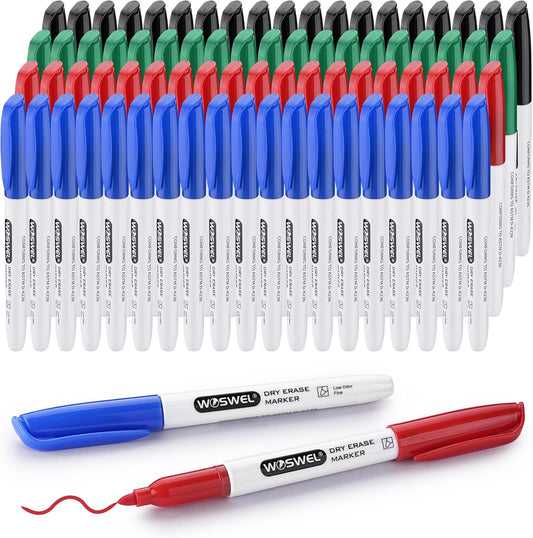 WOSWEL Fine Tip Dry Erase Markers 76 Pack 4 Assorted Colors(Black,Blue,Green,Red) Low Odor Whiteboard Erasable Markers Bulk for Kids Adults,Ideal for Classroom School Office Home,Non-Toxic Easy Clean