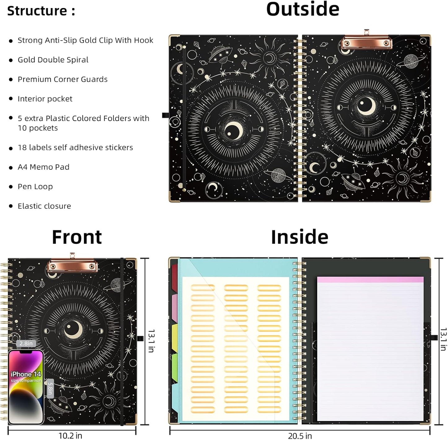 Ospelelf Clipboard with Storage 8.5 X 11，Padfolio Organizer, Spiral Portfolio Letter Size with Notepad, Pen Holder, 5 Extra Folder Divider Pages, Elastic Closure Nurse Office Essentials (Polka Dots)