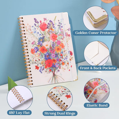 College Ruled Notebook - Hardcover Spiral Notebook 8.5" x 11" - Lined Journal Notebook for Women - A4 Large Notebooks for Writing - Pretty Journal Flower Notebook for Work - Diary - 24 Tabs - Red