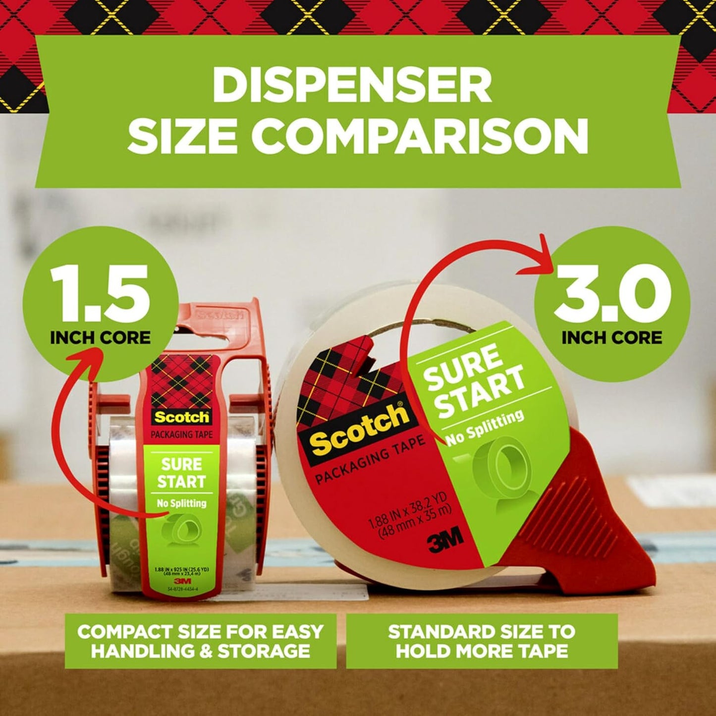 Scotch Sure Start Packing Tape, Clear, Quiet Unwind and Easy Start, Moving Supplies, 1.88 inch x 22.2 Yard, 2 Tape Rolls with Dispensers