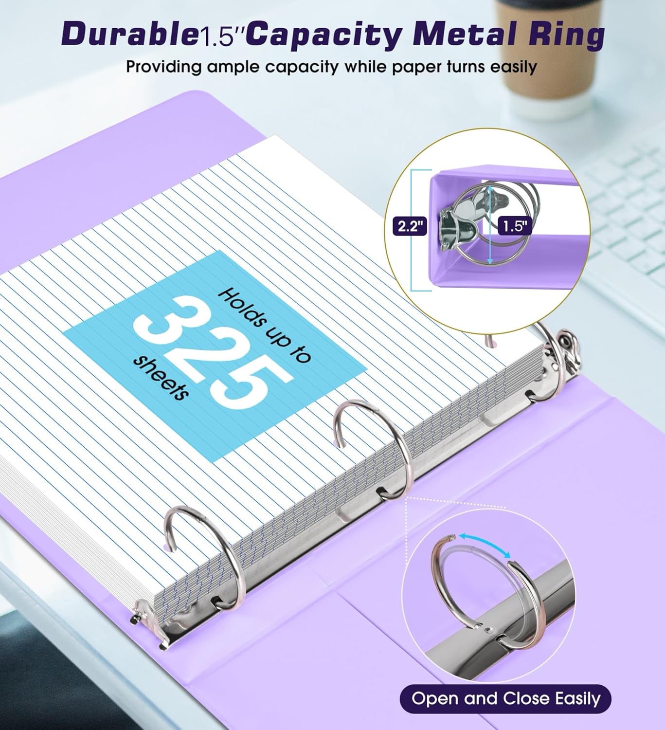 3 Ring Binder 1.5 inch，Cute Binder Organizer with 5 Tab Dividers Fits 175 Sheets of 8.5x11 Paper,Customizable Clear Cover with Inside Pockets,Aesthetic 1.5" Three Ring Binders for School Office,Purple