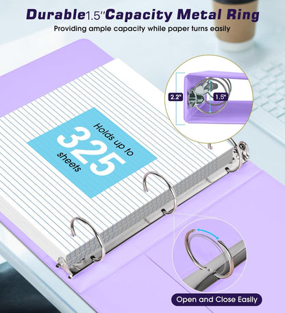 3 Ring Binder 1.5 inch，Cute Binder Organizer with 5 Tab Dividers Fits 175 Sheets of 8.5x11 Paper,Customizable Clear Cover with Inside Pockets,Aesthetic 1.5" Three Ring Binders for School Office,Purple
