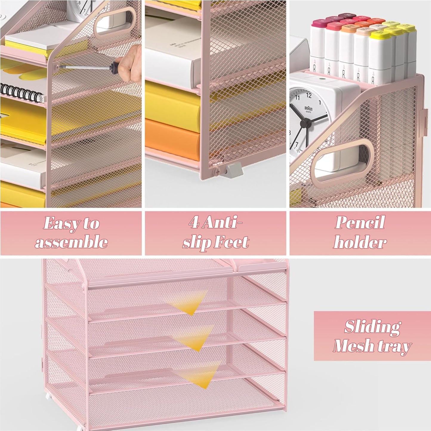 Letter Tray Paper, 4 Tier Desk Organizer with Pen Holder and Handle Mesh File Organizer Paper Sorter Metal Desktop Document Shelf for Office Home Classroom -Black