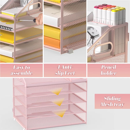 Letter Tray Paper, 4 Tier Desk Organizer with Pen Holder and Handle Mesh File Organizer Paper Sorter Metal Desktop Document Shelf for Office Home Classroom -Black