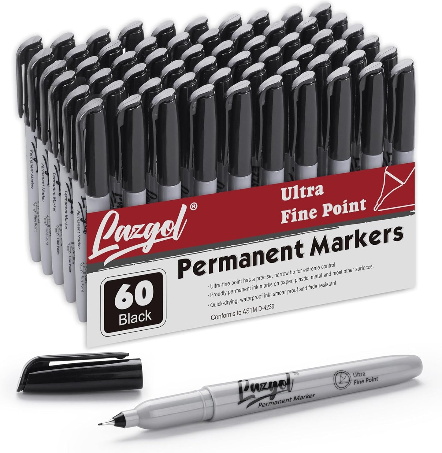 LAZGOL Permanent Markers Bulk, Ultra Fine Point, 60 Pack Black 0.4 mm Permanent Marker set, Felt Tip Pens Works on Plastic, Wood, Stone, Metal and Glass for Doodling, Marking