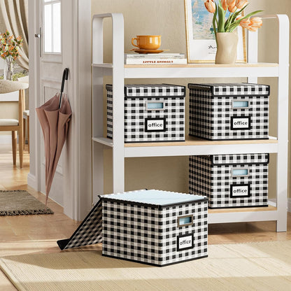 Huolewa Upgraded Portable File Organizer Box with Lid, Collapsible Linen Hanging Filing Storage Boxes with Plastic Slides, Decorative Home/Office Filing System Box for File and Folders Storage (Gray)