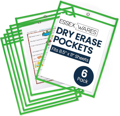 Essex Wares - 6 Pack, Assorted, Dry Erase Pocket Document Protectors, 10" Wide x 13.5" Tall- Dry Erase Clear Plastic Sleeves - Reusable & Easy Erase Plastic Invoice Holders, Water-Resistant & Durable