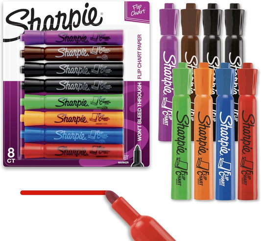 Sharpie Flip Chart Markers, Bullet Tip, Assorted Colors, Low-Odor, Squeak-Fee, 8 Count - Office Presentation, Back to School, Teacher Supplies