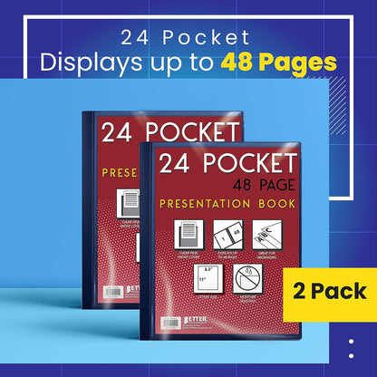 Better Office Products 24 Pocket Bound Presentation Book, Blue with Clear View Front Cover, 48 Sheet Protector Pages, 8.5" x 11" Sheets, Art Portfolio, Durable Poly Covers, Letter Size, Blue