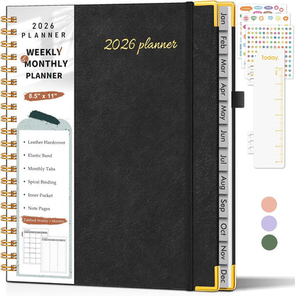 2026 Planner, Weekly and Monthly Calendar Planner from January 2026 - December 2026, 8.5" x 11" Hardcover Leather Hourly Appointment Book with Tabs, Spiral Daily Planners for School Work Home, Green
