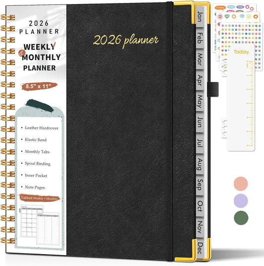 2026 Planner, Weekly and Monthly Calendar Planner from January 2026 - December 2026, 8.5" x 11" Hardcover Leather Hourly Appointment Book with Tabs, Spiral Daily Planners for School Work Home, Green