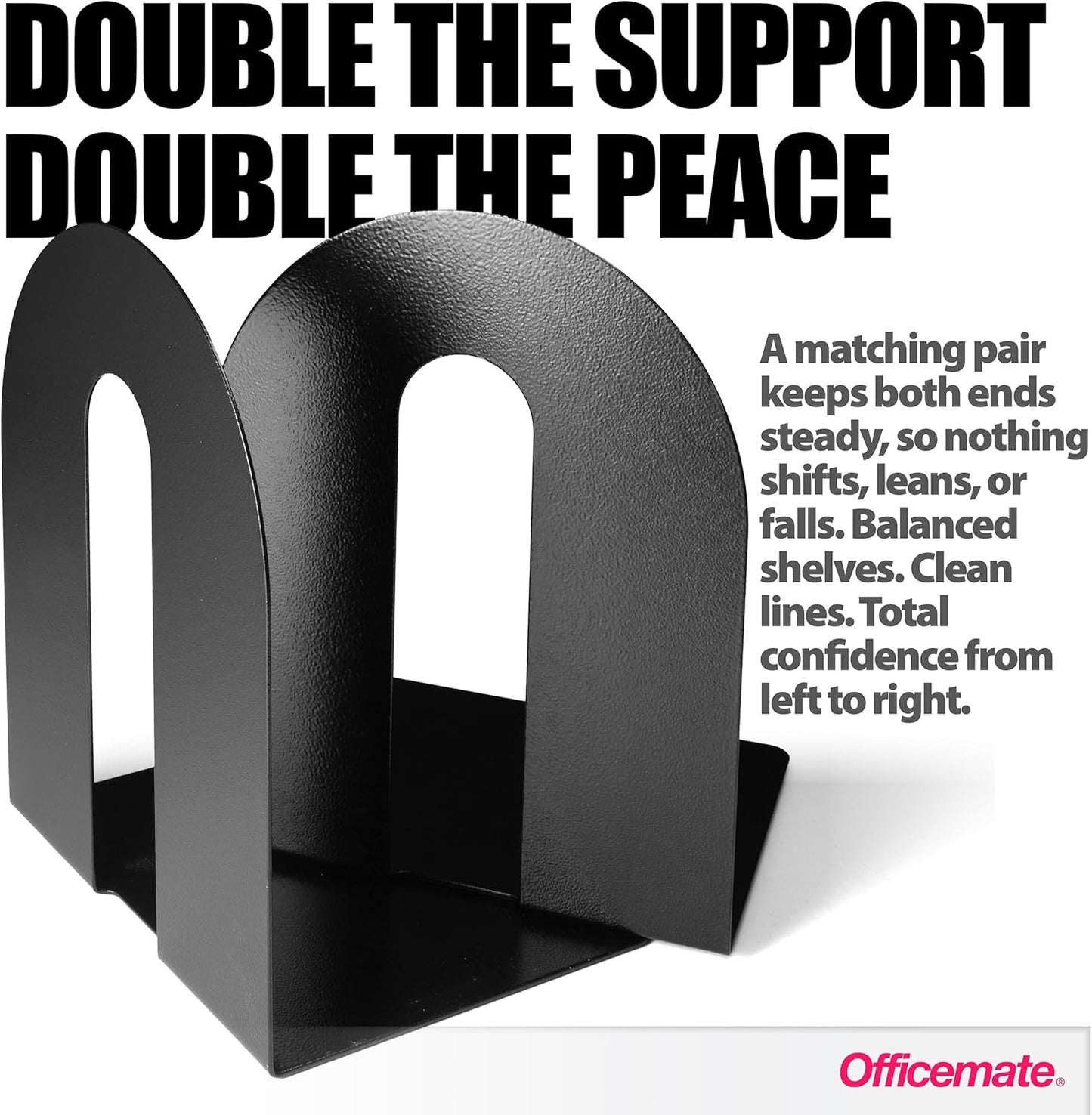 Officemate Heavy Weighted Bookends, Sturdy Office & Home Shelf Organizers, Set of 2 Black Metal Book Supports (93182)