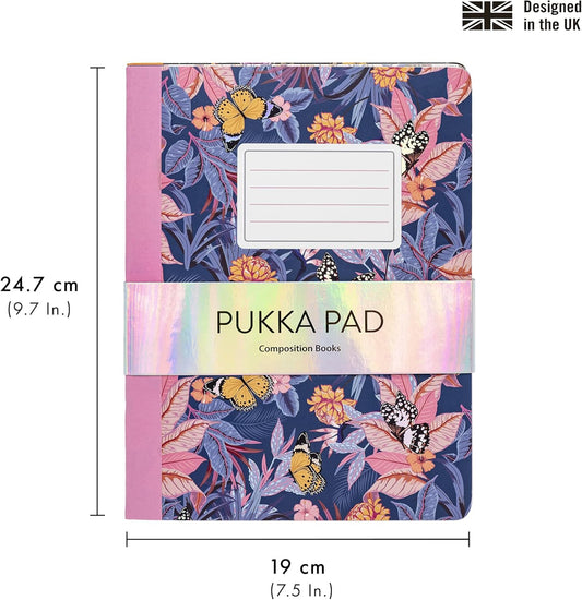 Pukka Pad, Composition Notebooks - 3 Pack of Journals Featuring 140 Pages of College Ruled 80GSM Paper with Sturdy Cover Stock - 9.75 x 7.5in - Bloom