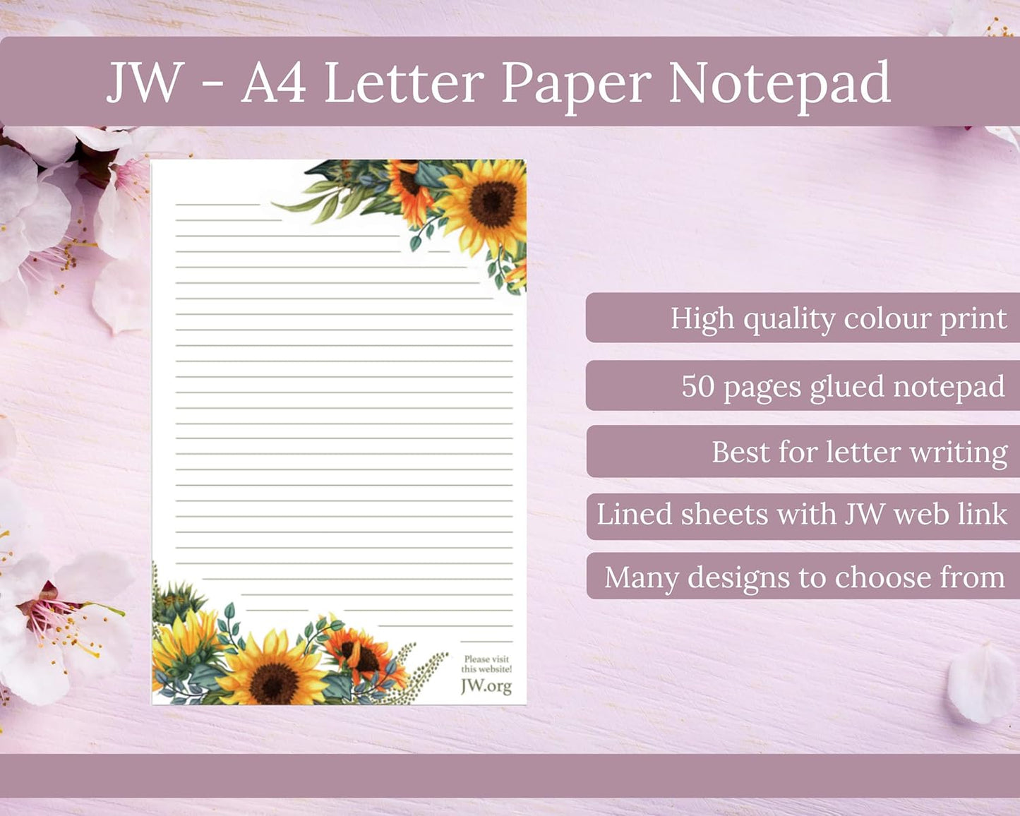 JW Letter Writing A4 Pad Stationery Paper Lined Gift Notepad Writing Sheets (Pink Rose)