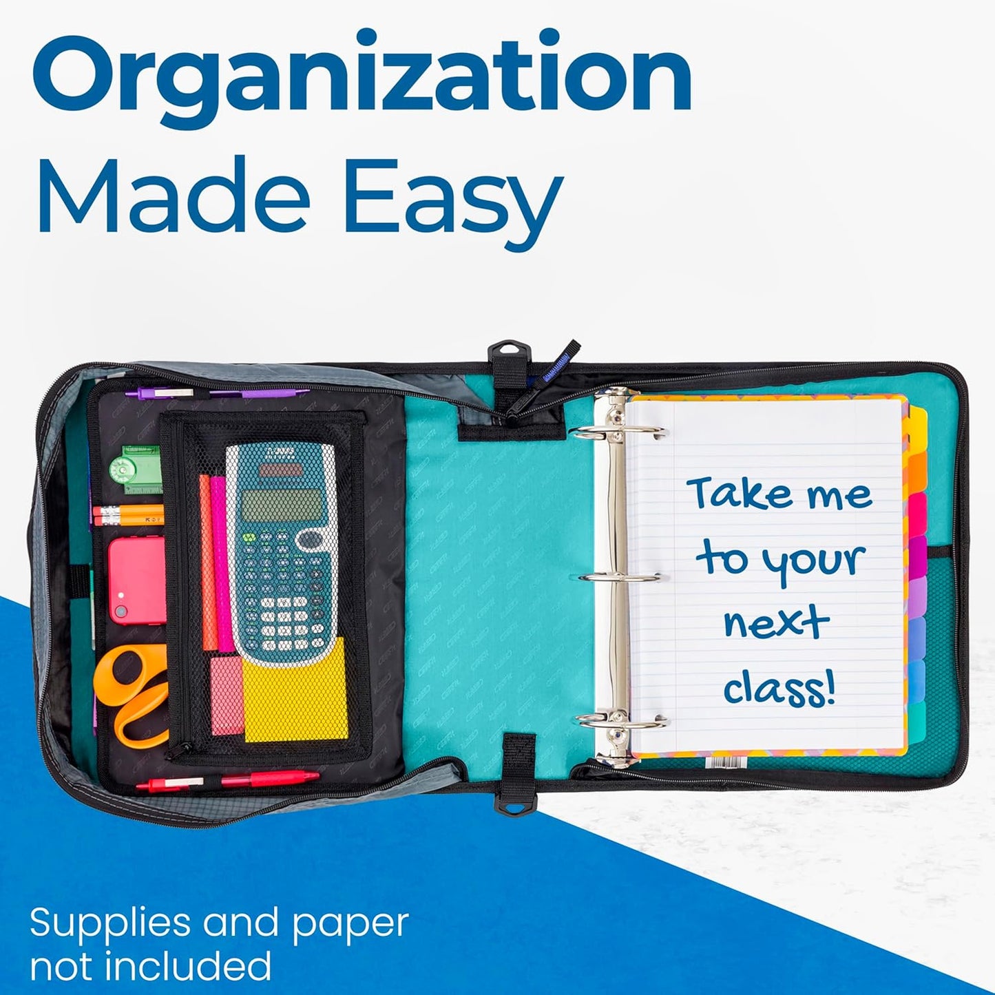Case-it Mighty Zip Tab School Zipper Binder | 3-Inch O-Rings, 600-Sheet Capacity, 5-Subject Expanding File Folder, Multiple Pockets & Storage Organizer, Shoulder Strap | D-146 Jet Black