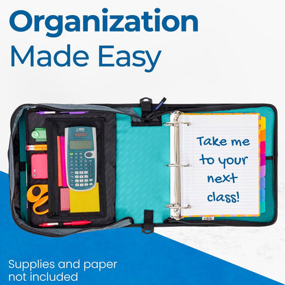 Case-it Mighty Zip Tab School Zipper Binder | 3-Inch O-Rings, 600-Sheet Capacity, 5-Subject Expanding File Folder, Multiple Pockets & Storage Organizer, Shoulder Strap | D-146 Jet Black