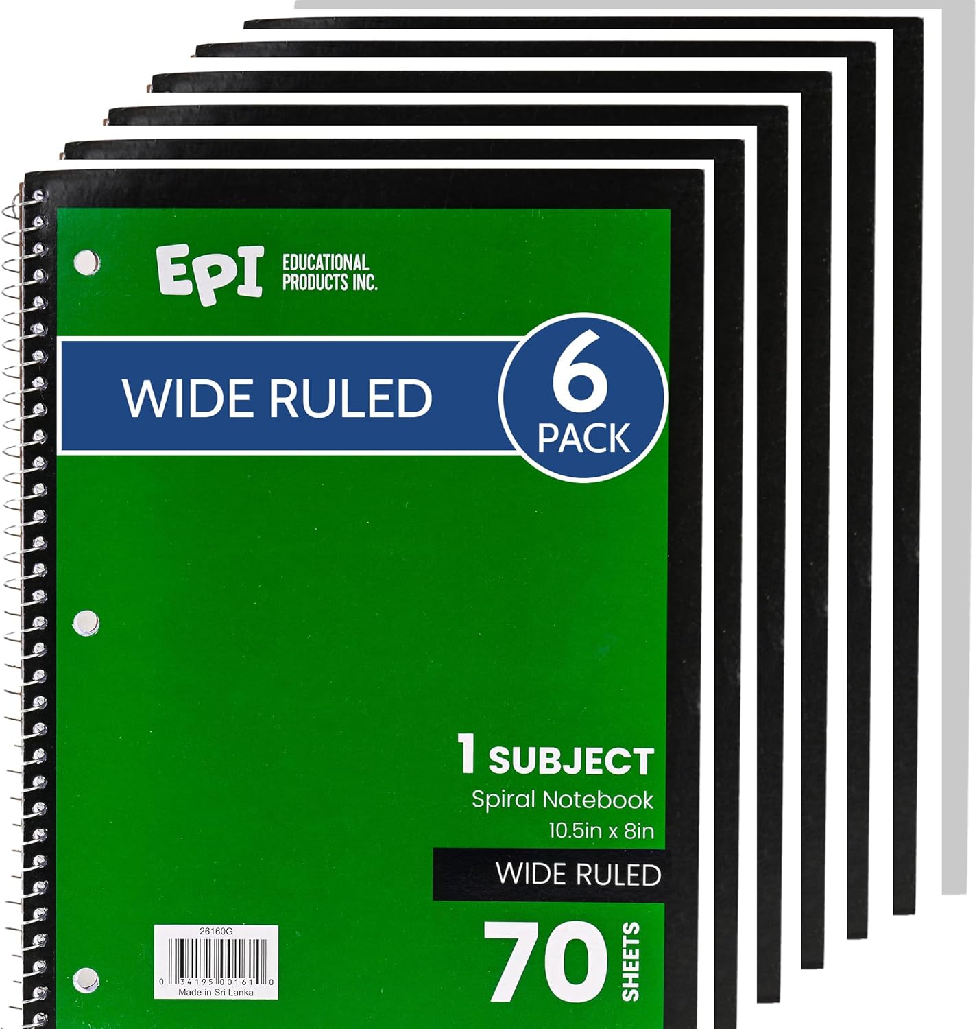 EPI Spiral Notebook | Wide - 70 Sheets, Durable Spiral Binding | 10.5 x 8 in | Classroom Supplies | School, Office, Note Taking, Journaling - 12 Pack