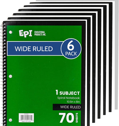 EPI Spiral Notebook | Wide - 70 Sheets, Durable Spiral Binding | 10.5 x 8 in | Classroom Supplies | School, Office, Note Taking, Journaling - 12 Pack