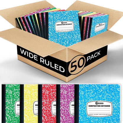 Rosmonde 50 Pack Composition Notebooks Bulk, Wide Ruled Composition Notebook, 200 Pages (100 Sheets), 9-3/4 x 7-1/2, Black Marble, Bulk School Supplies, Office Notebooks, Bulk Notebooks for School