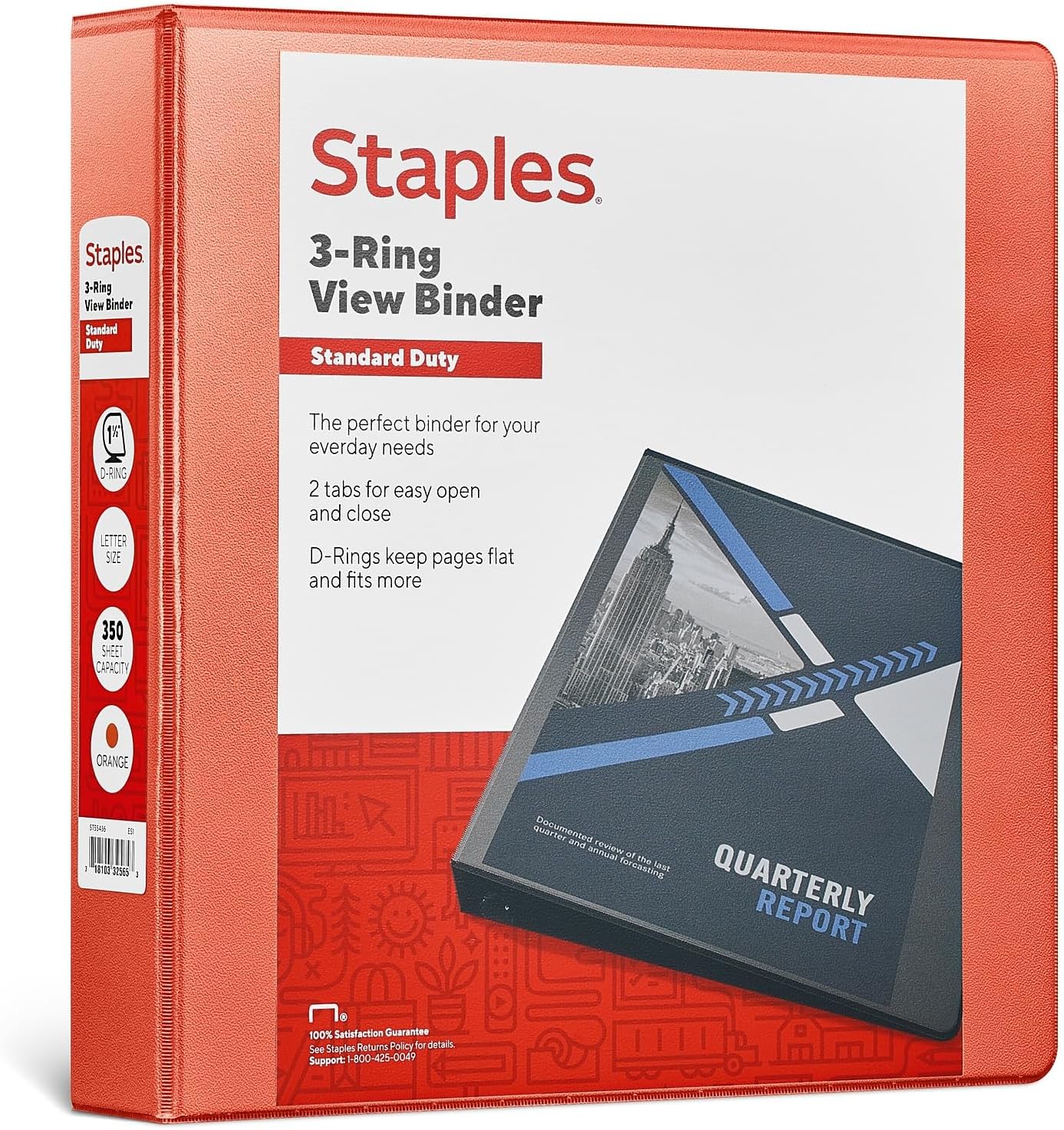 Staples Standard 2-Inch 3-Ring View Binder, Holds Up to 450 Sheets, Orange, Durable Binder for Office & School