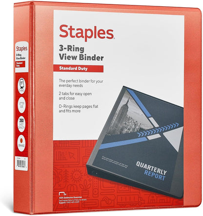 Staples Standard 2-Inch 3-Ring View Binder, Holds Up to 450 Sheets, Orange, Durable Binder for Office & School