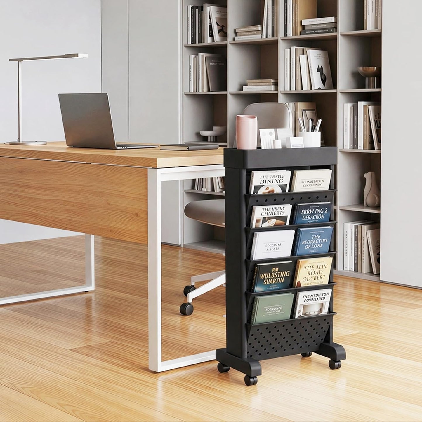 BYFU 6-Tier Movable Bookshelf Cart, Rolling File Storage Paper Organizer Mobile Bookcase with Wheels for Home Office Study Classroom, Black