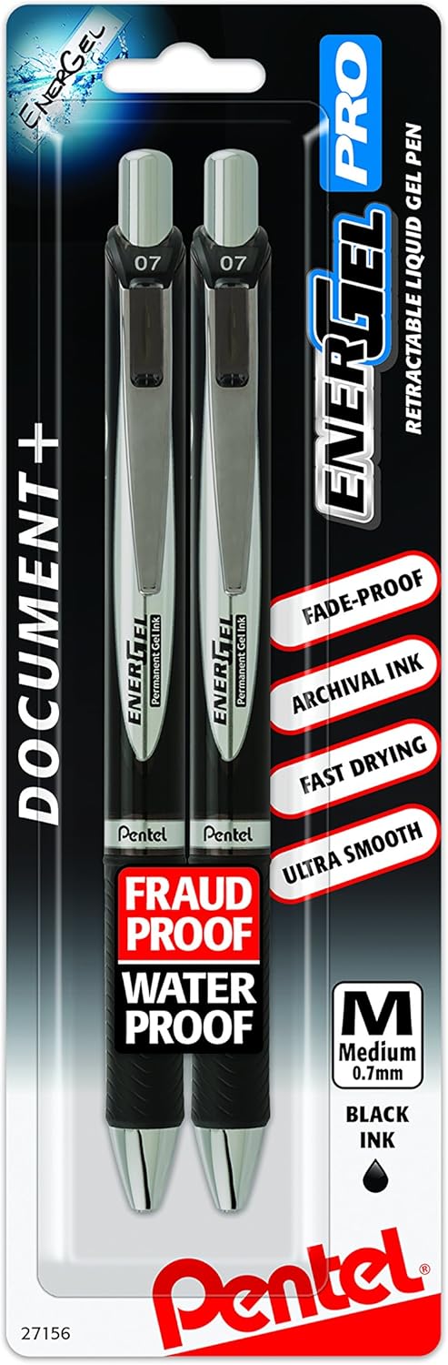 Pentel EnerGel Permanent Gel Ink Rollerball Pen, Black, 3 Pack (BLP77BP3A)