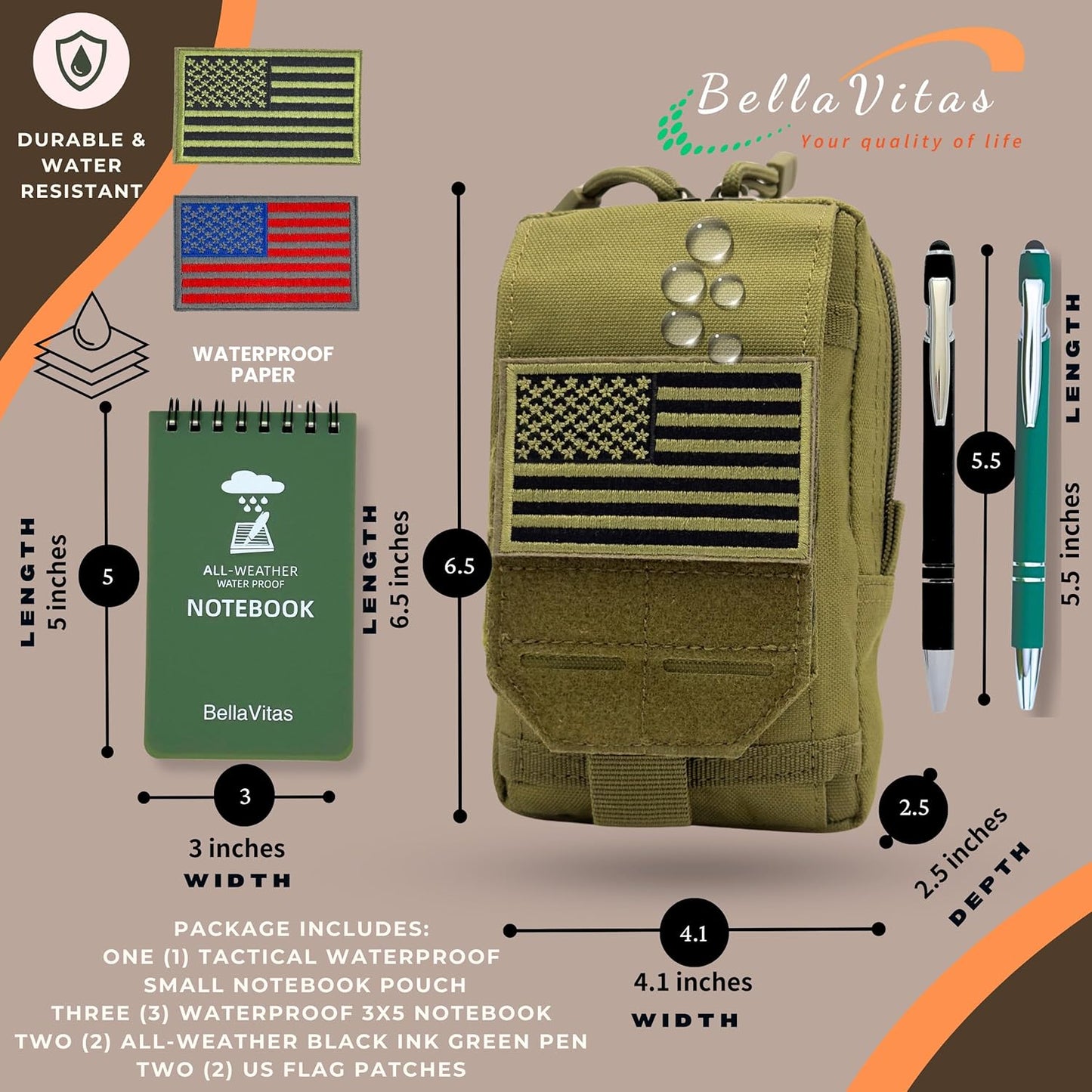 Tactical Molle Pouch Small Notebook Cover EDC Utility Bag Tool Pouch Gadget Organizer Military Waist Bag with US Flag Patch, 3”x5” Waterproof Notepad Pocket Notebook and Weatherproof Pen