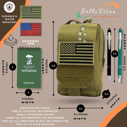 Tactical Molle Pouch Small Notebook Cover EDC Utility Bag Tool Pouch Gadget Organizer Military Waist Bag with US Flag Patch, 3”x5” Waterproof Notepad Pocket Notebook and Weatherproof Pen