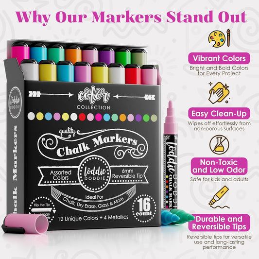 Loddie Doddie Chalk Markers - Pack of 24, 6mm Reversible Tips - Liquid Chalk Pens for Glass Surfaces & Windows - Erasable Pens for Chalkboard Calendar - Non-Toxic Chalkboard Markers