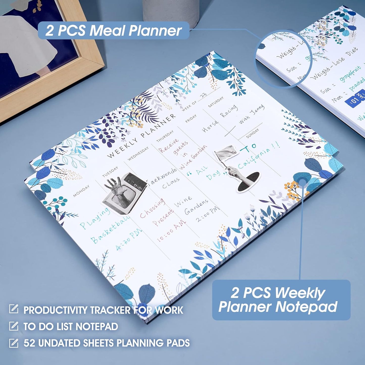 Weekly Planner Notepad Tear Off Set of 2 Weekly Calendar Pad 52 Undated To Do List Notepad Sheets Desk Planner Planning Pads Productivity Tracker for Work Goals Notes Schedule Ideas, Floral Blue