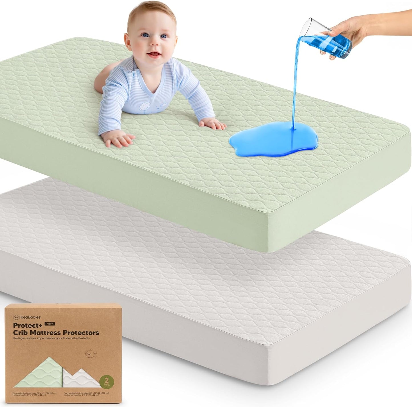 2-Pack Waterproof Crib Mattress Protector Cover Fitted - Quiet Baby Crib Mattress Pad Sheets, 52" x 28" Soft Quilted Cotton Baby Sheet, Machine Washable, Easy Fit, Durable (Soft White/Mavy)