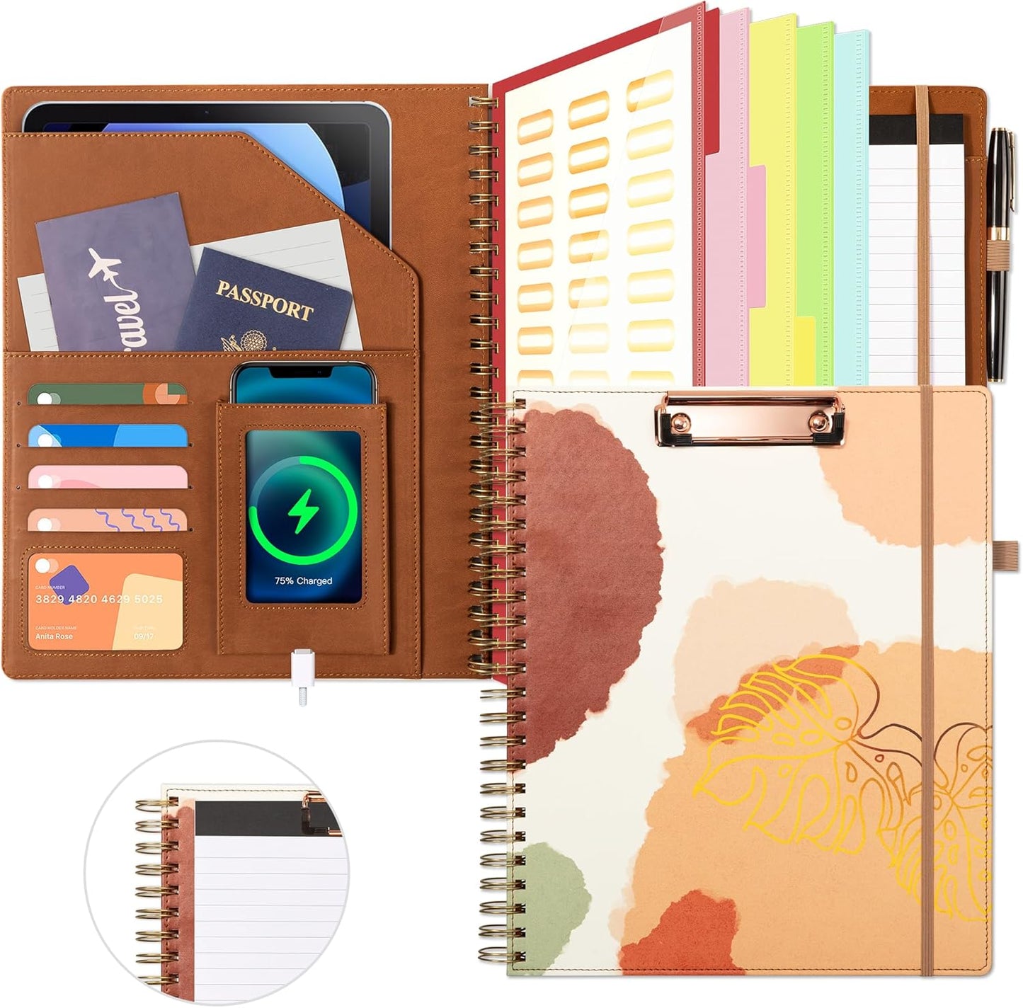 Ospelelf Clipboard with Storage for Women, Leather Padfolio Portfolio Organizer 5 Folders with 10 Pockets, Spiral Clipboard Folio with Notepad for Letter Size, Elastic Closure and Pen Loop Floral