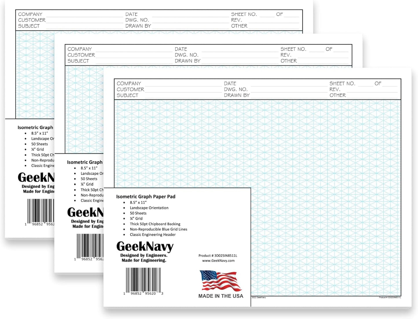 GeekNavy 8.5" x 11" Isometric Graph Paper 50 Sheets Portrait - 0.25" Grid, Non-photo Blue, High Brightness, Drafting, Engineering, Art, 3D Design (1-Pack)