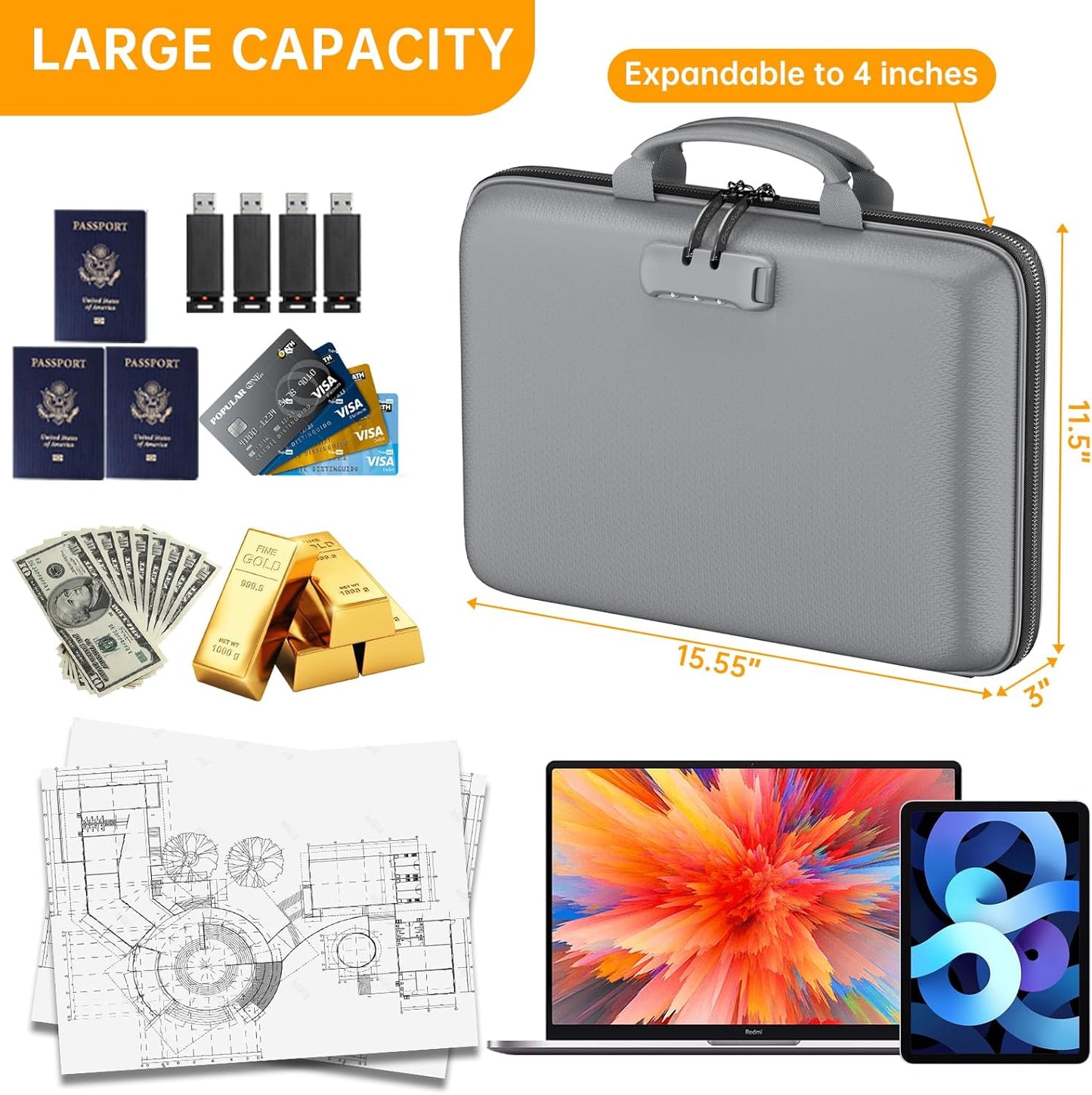 DocSafe Fireproof File Organizer with Lock, Hard-Shell Case Fireproof Document Box with 13 Pocket Accordion File Folder, Portable Home Office Travel Safe Storage for Important Documents Laptop Black