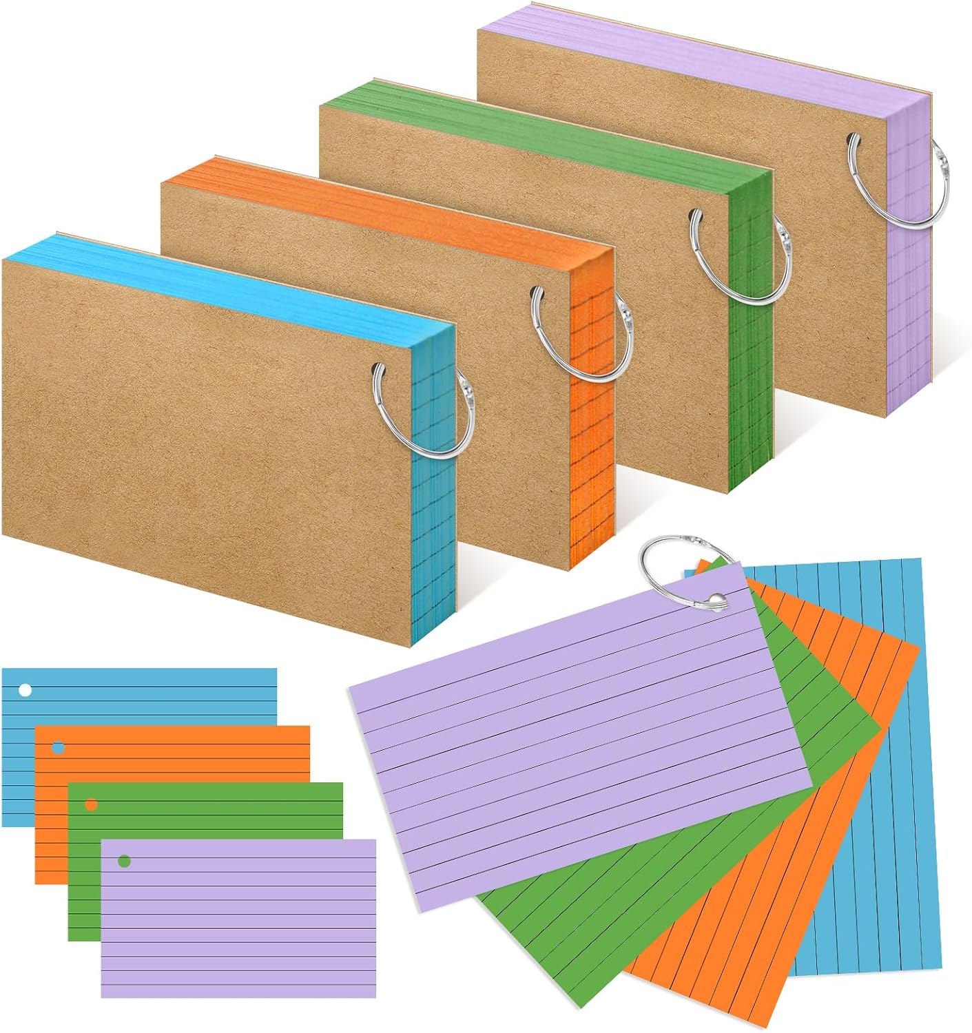 Colored Index Cards 3x5 Inch Heavyweight Flash Cards with Ring Lined Flashcards Note Cards for Studying School Supplies College, 200 Count