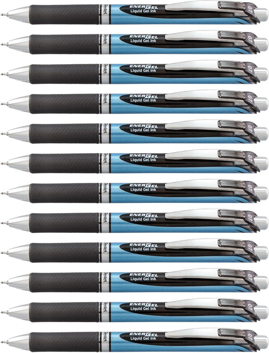 Pentel EnerGel Deluxe RTX Retractable Liquid Gel Pen, Medium Line, Needle Tip, Blue Ink, Box of 12 (BLN77-C), 0.7mm needle