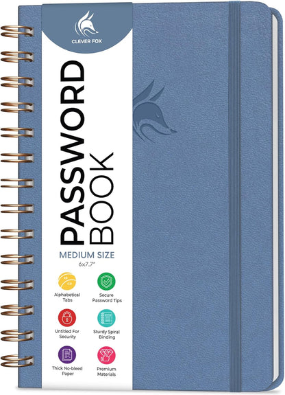 Clever Fox Password Book Spiral – Internet Address & Password Organizer with Laminated Alphabetical Tabs – Password Keeper Journal – Hardcover, Medium Size, 6.1x7.7” (Mystic Blue)