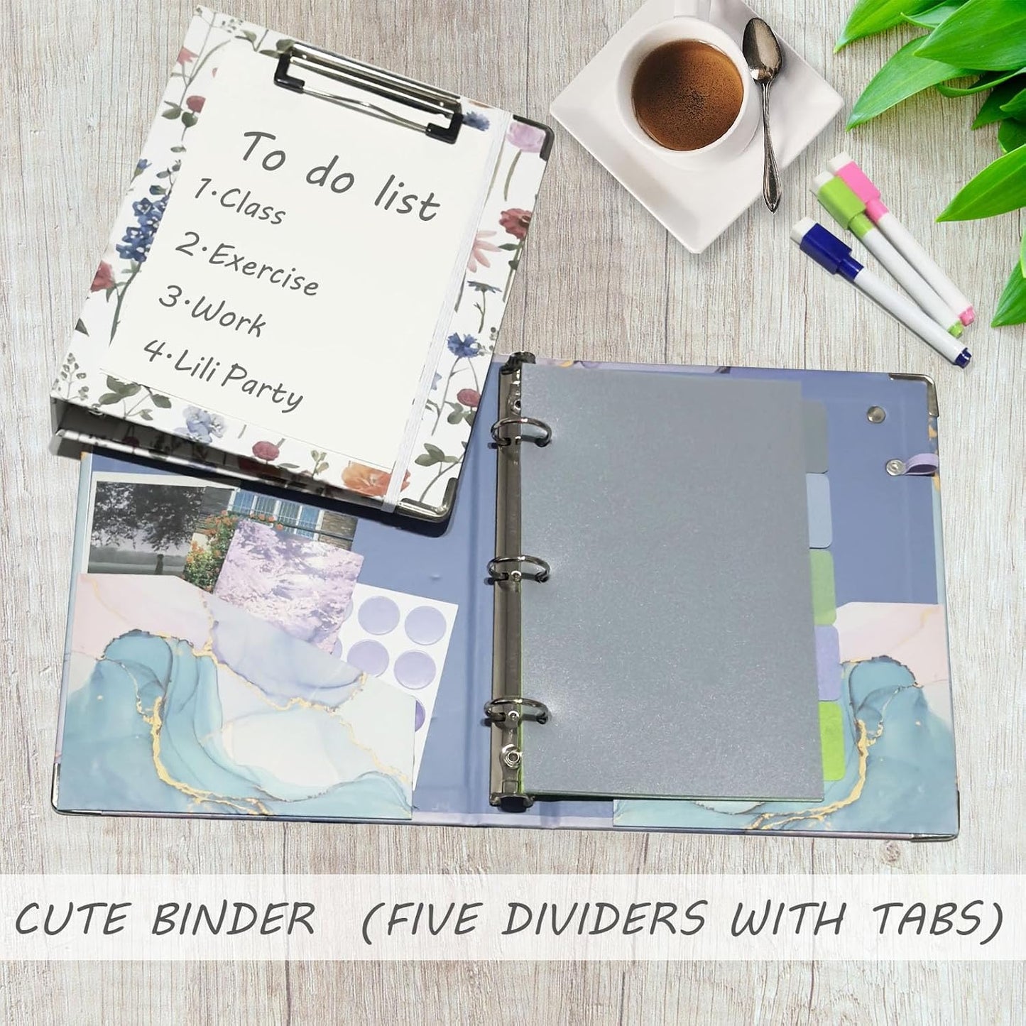 3 Ring Binder 1 Inch, Three Ring Binders Organizer with Clipboard, 5-Tabs Pockets Dividers, Plastic Folder, 18 Divider Stikers, BVSSX Pretty Binder with Pen Loop (Black Weeds, Letter Size)