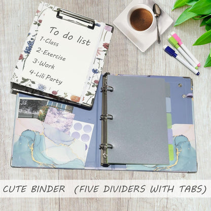 3 Ring Binder 1 Inch, Three Ring Binders Organizer with Clipboard, 5-Tabs Pockets Dividers, Plastic Folder, 18 Divider Stikers, BVSSX Pretty Binder with Pen Loop (Black Weeds, Letter Size)