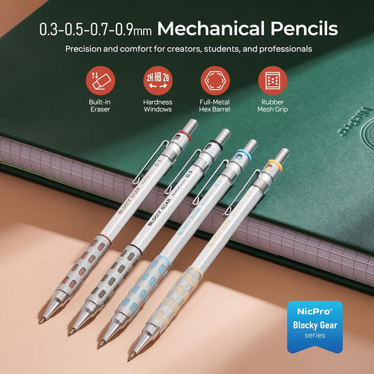 Nicpro 3 Pack Blocky Gear 0.7 mm Metal Mechanical Pencils Set with Case, Lead Drafting Pencil with 8 Tube (480PCS) Lead Refills(HB 2B), 4 Erasers, 18 Eraser Refills for Art Writing, Sketching Drawing
