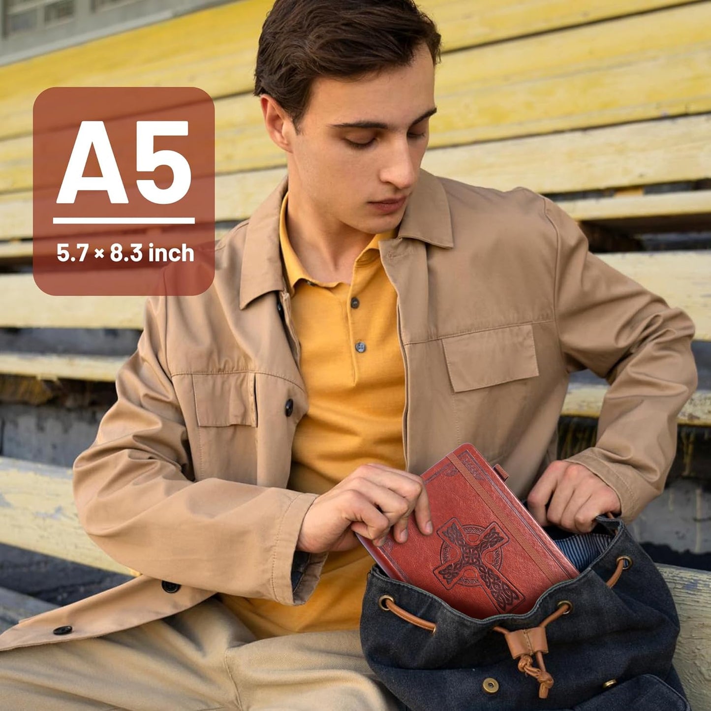 CAGIE Leather Lined Journal Notebook for Men & Women, Debossed Cross, 320 Pages 100 GSM Thick Paper, A5 Hardcover Journaling Notebooks for Writing, 5.7'' X 8.3'' Diary, Brown