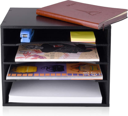 EMERIT 4-Tier Adjustable Paper Organizer, Large Capacity Desktop Organzier for Textbooks/Magazines/Office Files, Wooden Dividers, 7 lbs per Shelf, White