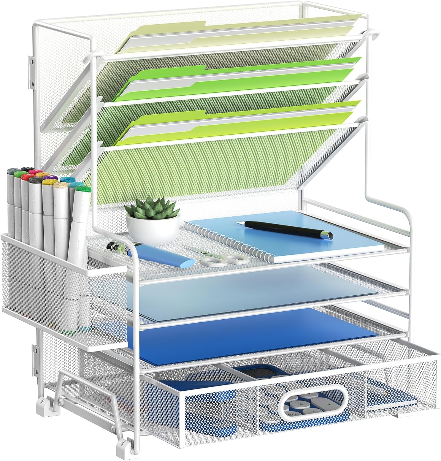 MINDEPOT 4-Tier Paper Organizer + 3-Pocket File Holder + Drawer + Pen Holders, Desktop File Organizers Paper Tray for Office Supplies School Classroom Organization (Black, No Drawer & Pen Holder)