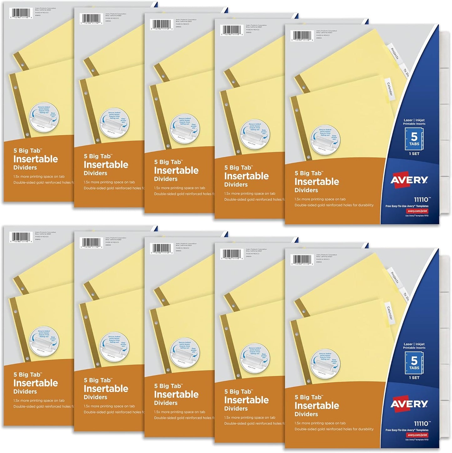 Avery Insertable Dividers for 3 Ring Binder, 5-Tab Set, Clear Big Tabs, Buff Paper with Gold-Reinforced, 1 Set, Great for Organizing Projects, Reports, Finances, and More (11110)