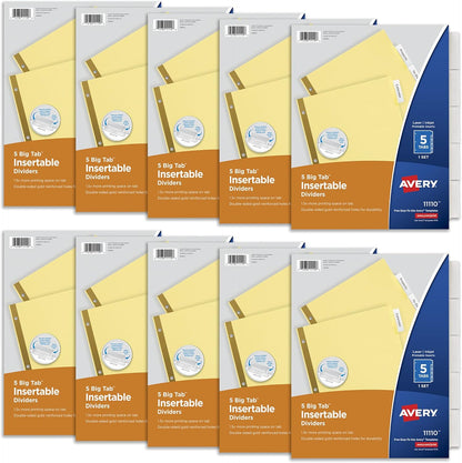 Avery Insertable Dividers for 3 Ring Binder, 5-Tab Set, Clear Big Tabs, Buff Paper with Gold-Reinforced, 1 Set, Great for Organizing Projects, Reports, Finances, and More (11110)