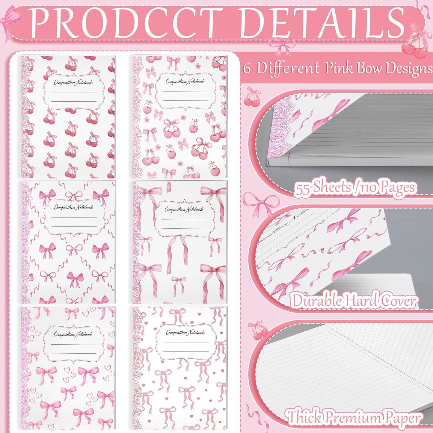 Fullhawl 6 Pcs Bow Composition Notebooks, Preppy Coquette Notebook College Ruled Journal, 110 Page, Cute Back to School Gift for Teacher, Student, First Day of Schooll(Pink,9-3/4 x 7-1/2")