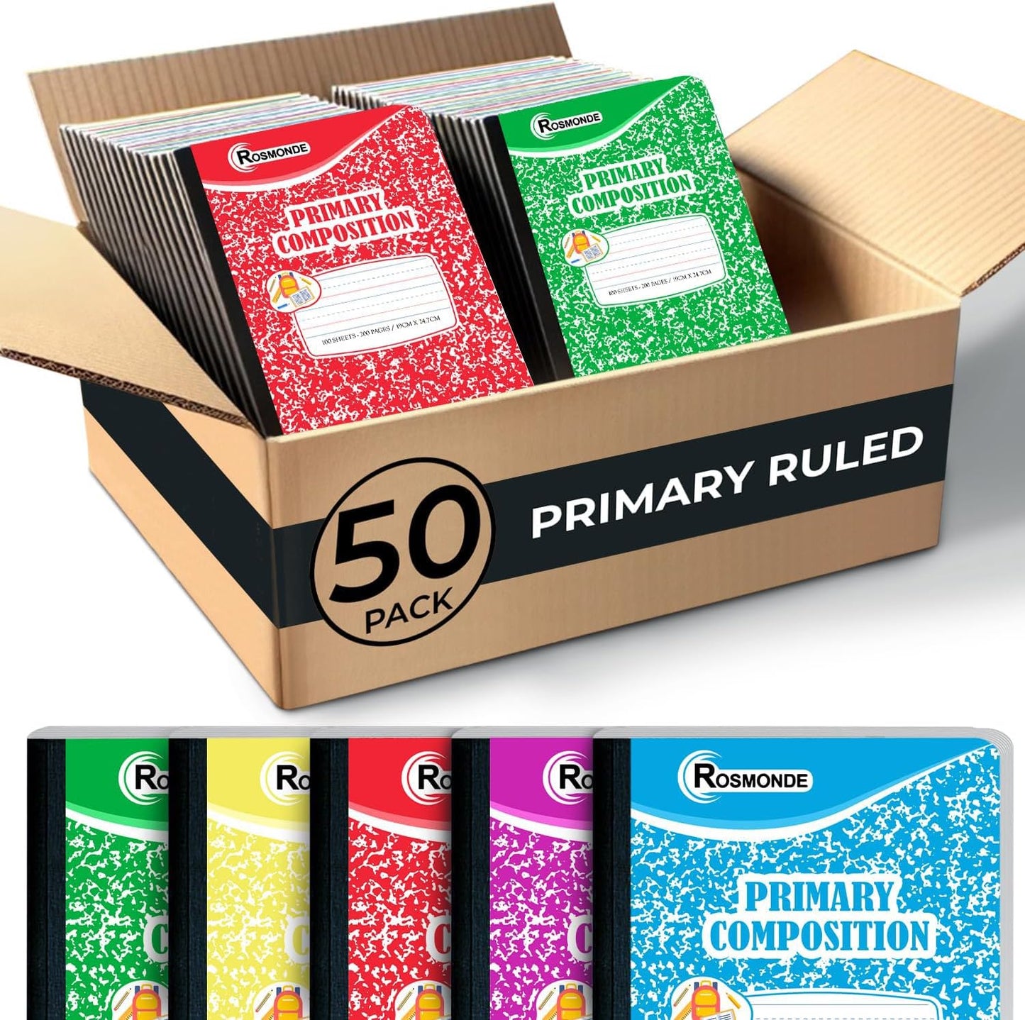 Rosmonde 12 Pack Primary Composition Notebooks, 200 Pages (100 Sheets), Primary Ruled Composition Notebook, 9-3/4" x 7-1/2", Grades K-2, Writing Dotted Lined, Assorted, Colors May Repeat