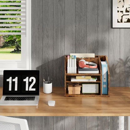 CHOEZON Wooden Desk Organizer with Adjustable Partitions, Multi-Layer Desktop File Holder for Home Office, Paper & Stationery Storage Organizer, Rustic Brown MWJ04FG