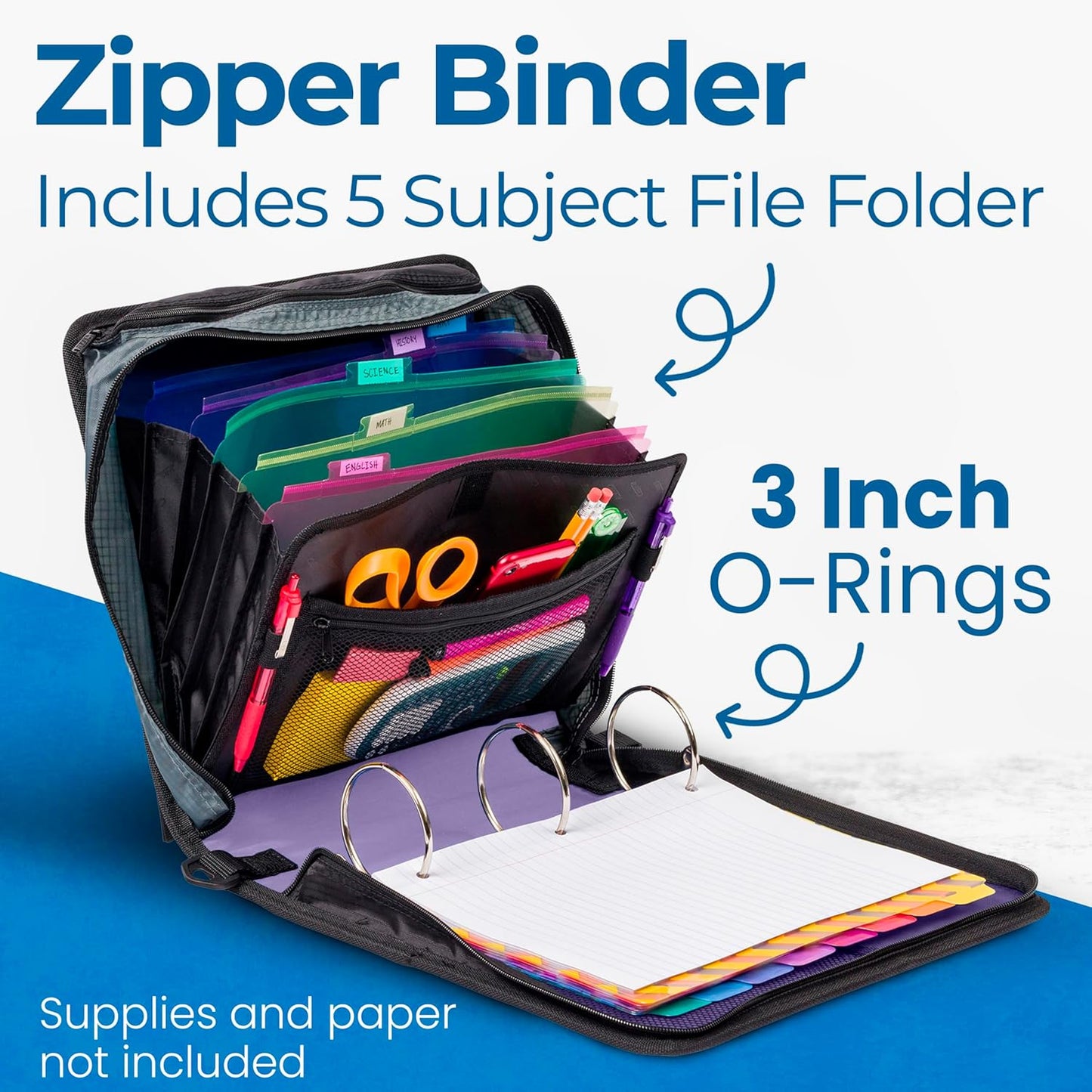 Case-it Mighty Zip Tab School Zipper Binder | 3-Inch O-Rings, 600-Sheet Capacity, 5-Subject Expanding File Folder, Multiple Pockets & Storage Organizer, Shoulder Strap | D-146 Jet Black